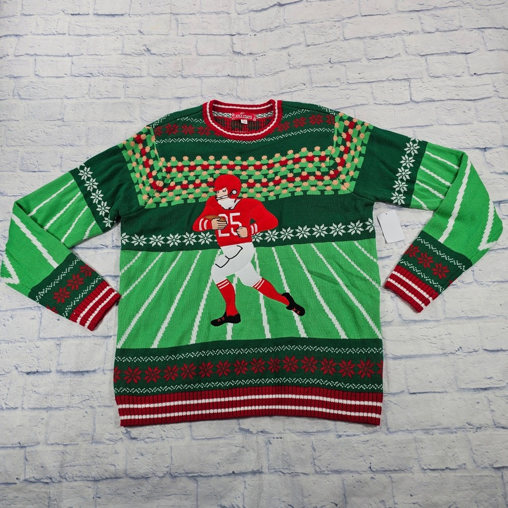 Jollidays Football Ugly Christmas Sweater Mens 2XLT Green Fair Isle Holiday Knit